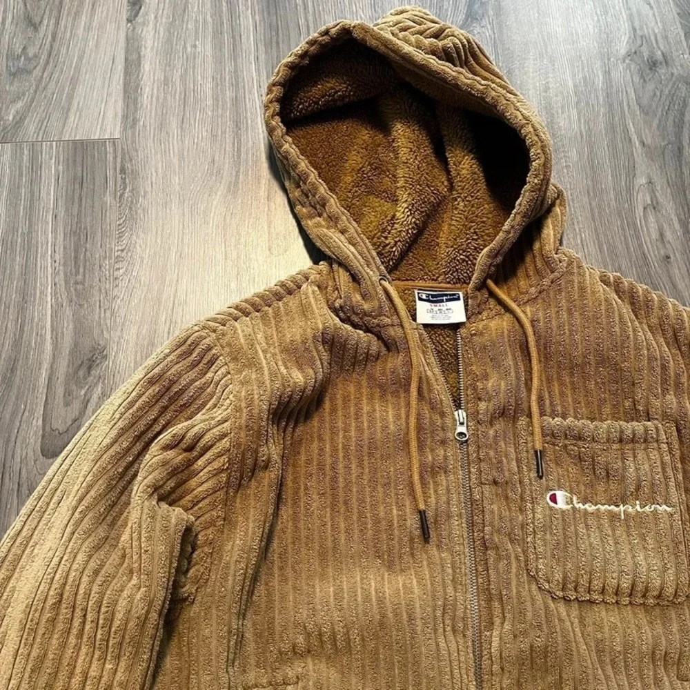 Champion Tan Corduroy Sherpa Lined Full Zip Hoodie Jacket Men's